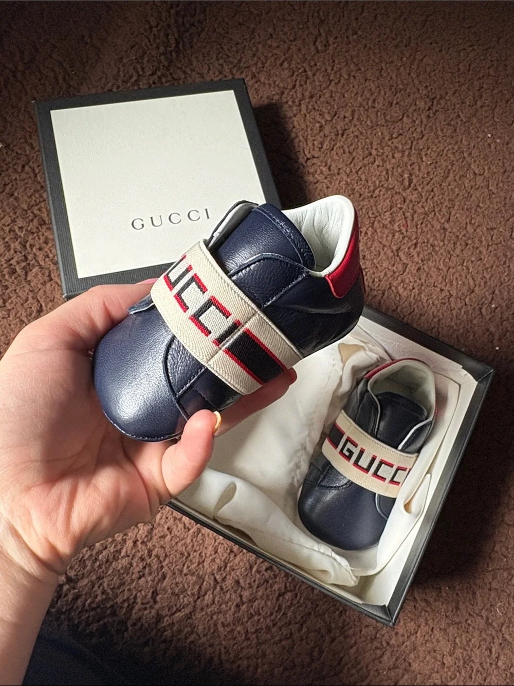 Gucci Navy Leather Baby Sneakers with Red and White Logo Strap